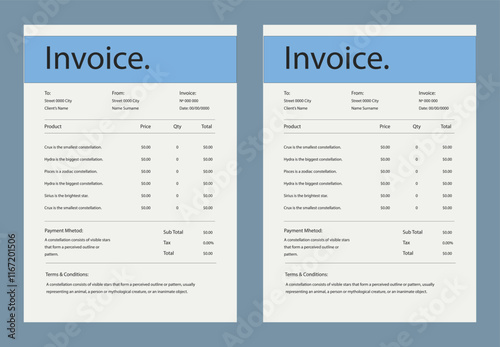 Minimal Corporate Business Invoice design template vector illustration bill form price invoice. Creative invoice template vector. business stationery design payment agreement design template