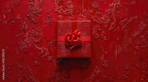 beautiful red square gift box with red bow on side on red background, top view