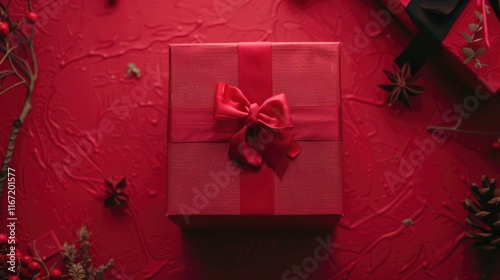 beautiful red square gift box with red bow on side on red background, top view