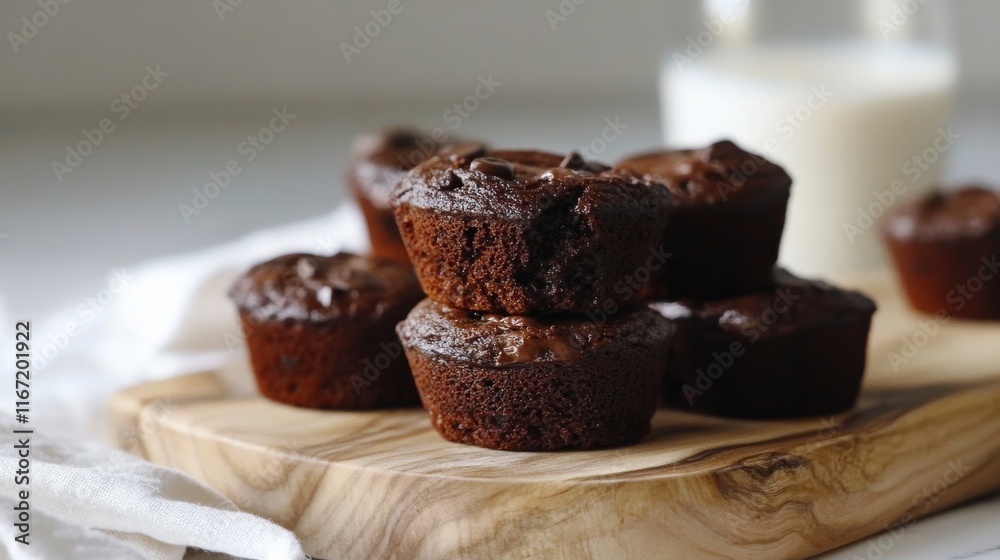 Delicious chocolate chip muffins arranged on a wooden board with milk in the background Delicious chocolate chip muffins arranged on a wooden board with milk in the background