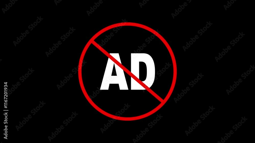 no ad crossed out mark color icon animation. ad not allowed icon animation. on black background.