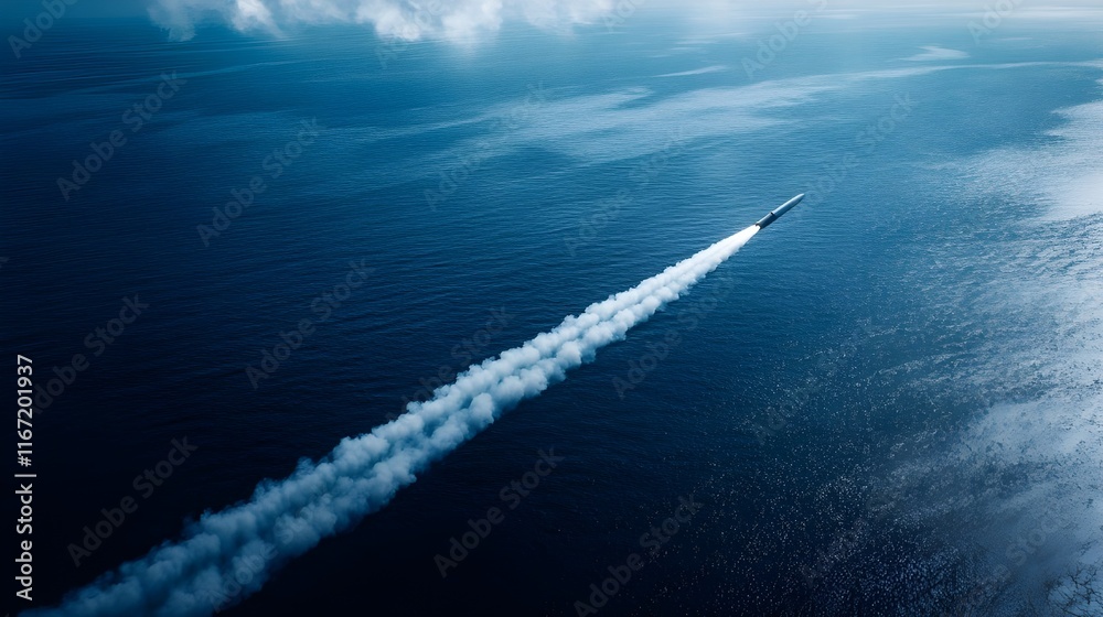 Aerial view, ocean, missile launch, white trail, blue water, dramatic clouds, military test, high-contrast, cinematic, dynamic, suspenseful, birds-eye perspective, strategic, powerful, defense 