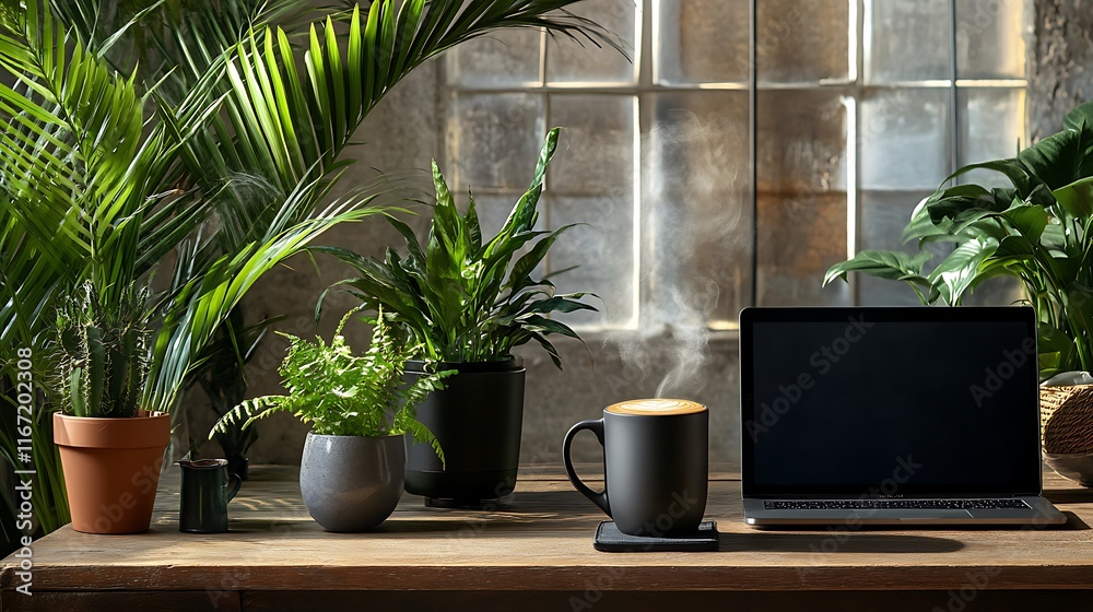 Steam rising from a coffee mug on a wooden desk surrounded by plants and a laptop. Steam rising from a coffee mug on a wooden desk surrounded by plants and a laptop.