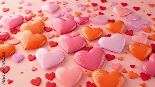 Valentines Day with many 3D Rendering Hearts in pink. rose and orange photo