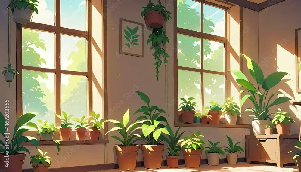 Green plants by the window with sun shining down on them Green plants by the window with sun shining down on them