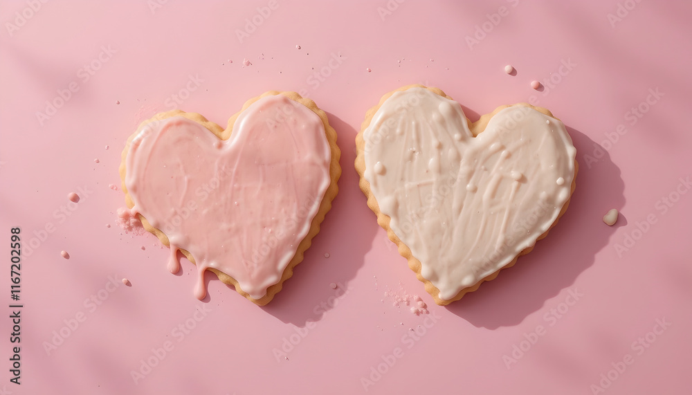 Heart-Shaped Cookies on a White Table, This image features a collection of heart-shaped cookies with pink frosting, Heart-Shaped Cookies on a White Table, This image features a collection of heart-shaped cookies with pink frosting,