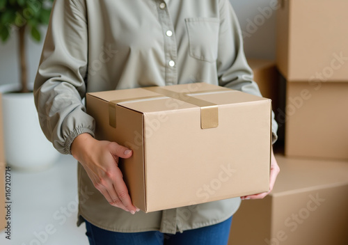 woman carries brown box made recycled paper inside another cardboard