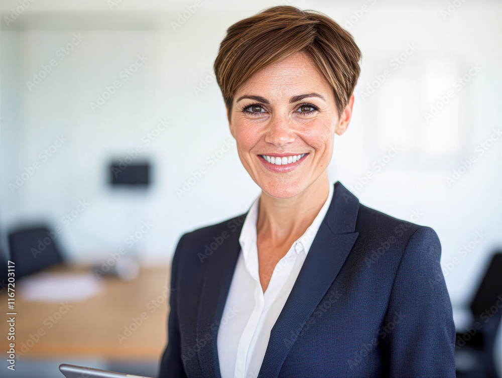 Confident professional woman smiling in modern office portrait Confident professional woman smiling in modern office portrait