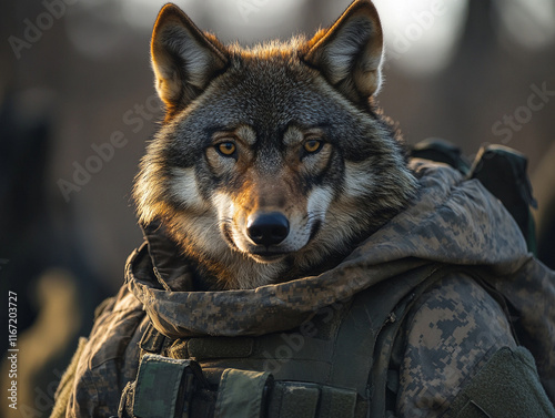 Wolf in military gear poses confidently in nature photo