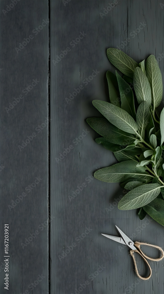 Sage Leaves and Scissors on Dark Wood Background Sage Leaves and Scissors on Dark Wood Background