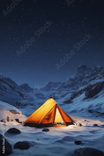 Snowy mountain campsite under a starry night sky with an orange tent illumina...
