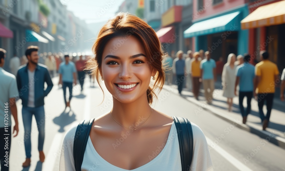 Cheerful woman smiling outdoors in urban street setting Cheerful woman smiling outdoors in urban street setting