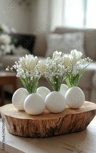 Unique floral arrangement with white tulips and decorative eggs on a wooden t...