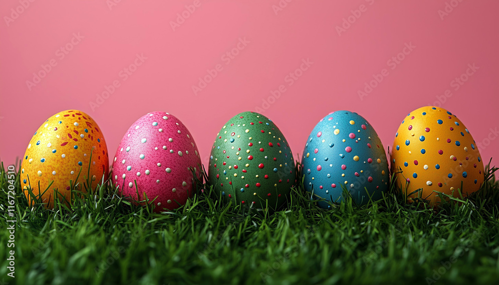 Painted Easter eggs are lying on the grass,the background is pink