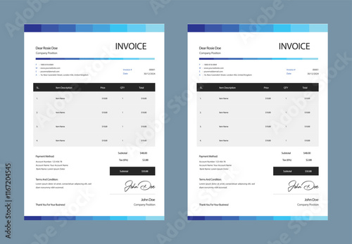 Minimal Corporate Business Invoice design template vector illustration bill form price invoice. Creative invoice template vector. business stationery design payment agreement design template