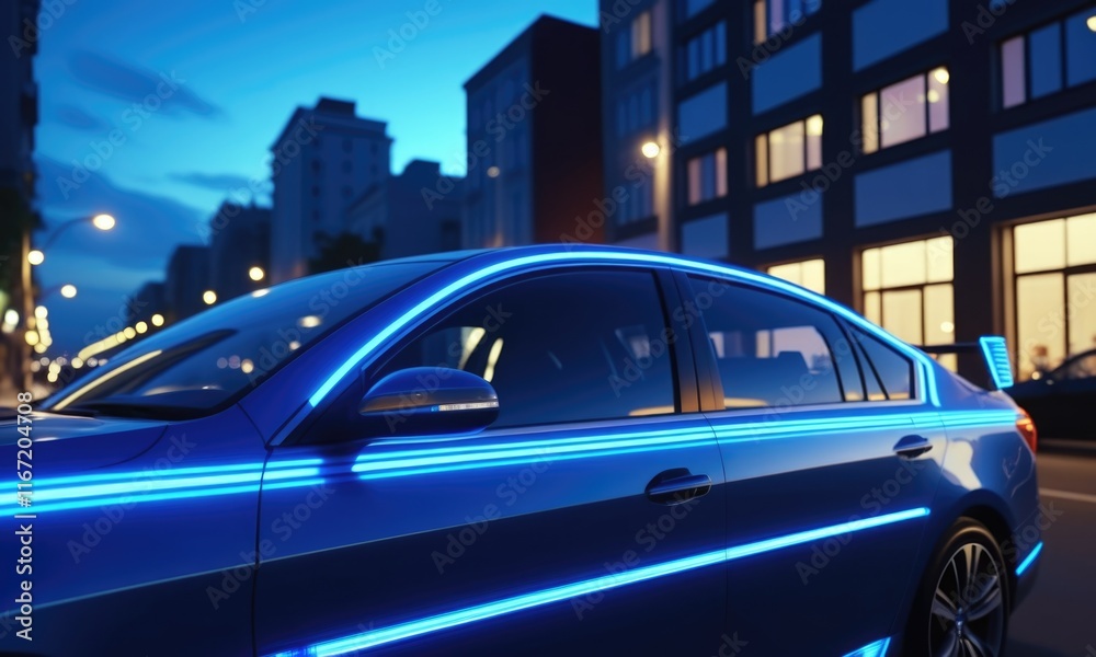 Fototapeta premium Futuristic car with neon lights on urban street at dusk