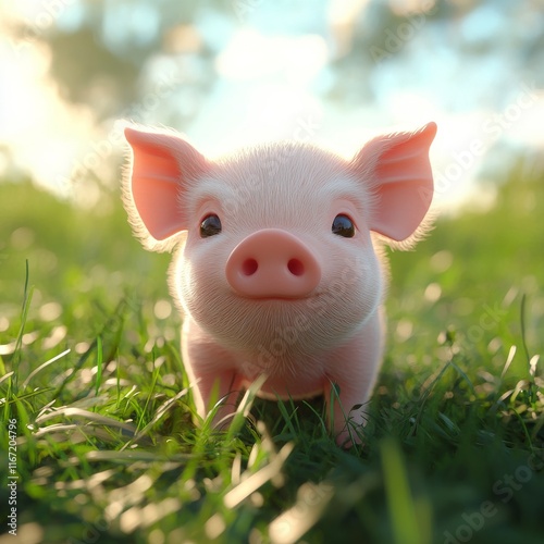 Cute piglet exploring a sunny green field during a bright afternoon
