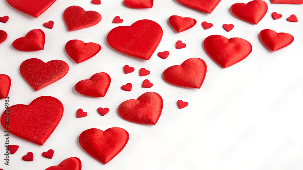 Vibrant red hearts of varying sizes scattered against a crisp white background. creating a playful and romantic visual