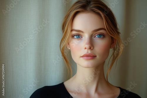 Woman with radiant blue eyes and tousled hair against a textured blue background