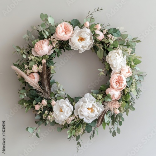 Beautiful floral wreath with white and pink flowers and greenery hung on a li...