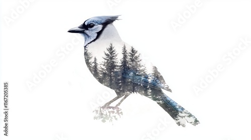 Tranquil Blue Jay Double Exposure Watercolor Illustration Against White Background photo