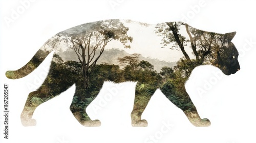 Enigmatic Fossa Double-Exposure Watercolor Illustration with Madagascar Rainforest Silhouette on White Background