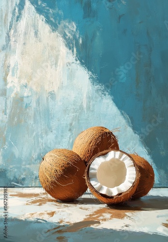 Fresh coconuts arranged on a marble surface with a soft blue background and o...