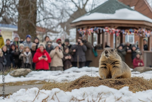 Groundhog Day Celebration in Town Square: Groundhog Emerging from Burrow