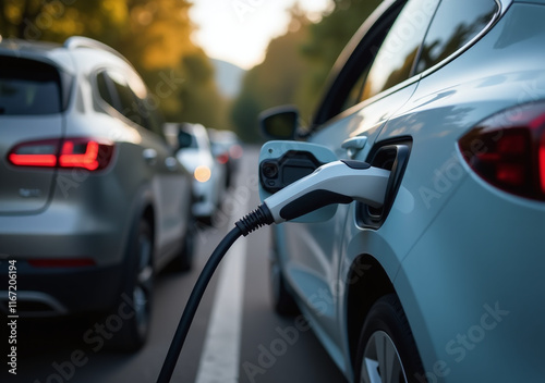 battery electric cars frequently replenished stationary plugged charging photo