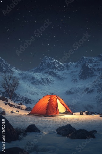 Snowy mountain campsite under a starry night sky with an orange tent illumina...