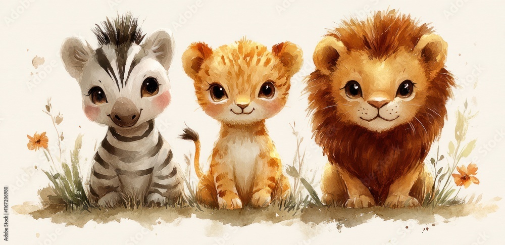 Fototapeta premium Watercolor Illustration of Zebras Ostrich Lion Cub in Soft Pastel Colors Safari Cute Animals Portrait