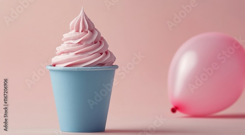 Sweet treat with pastel colors featuring soft serve ice cream and a pink balloon