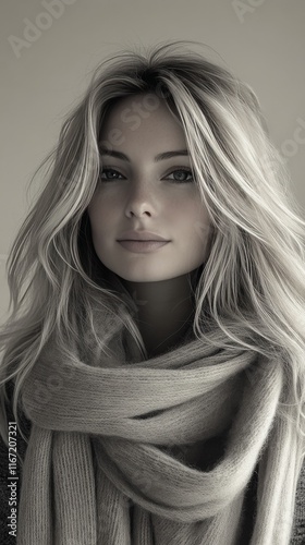 Young woman with long blonde hair and a colorful scarf posed in soft natural ...