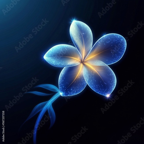 Delicate glowing blue flower with shimmering petals on a dark background