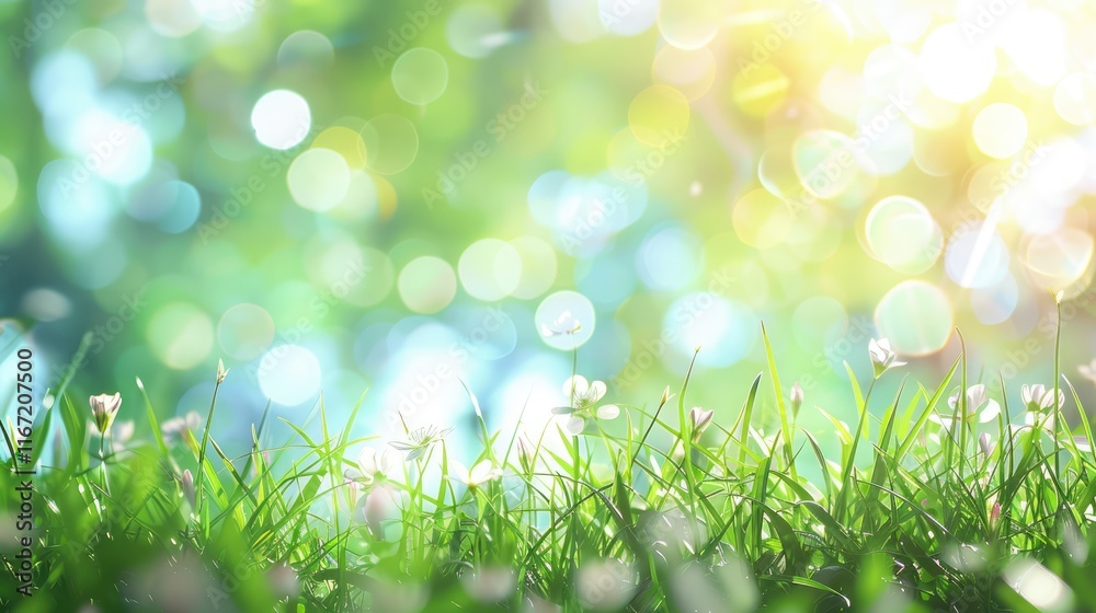 Obraz premium Beautiful sunny spring meadow with green grass and blue sky. Abstract background with light bokeh and space for text.