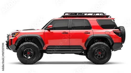 Off-road SUV, rugged design, bright red body, black accents, lifted suspension, all-terrain tires, roof rack, side profile view, white background, adventure vehicle, compact yet powerful, 4x4, outdoor