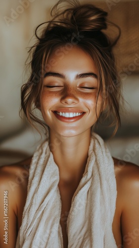 Bright smile of a young woman enjoying a peaceful moment indoors with natural...