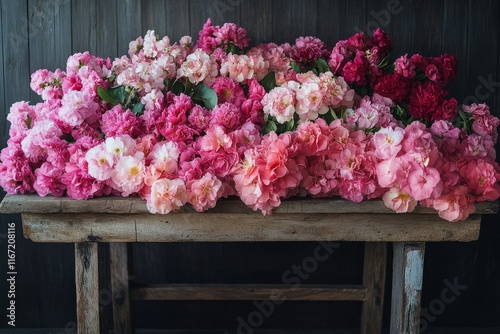 Beautiful display of colorful flowers on wooden shelf in a quaint setting