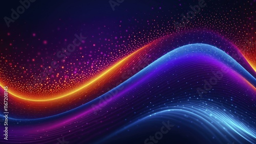 Vibrant abstract background with flowing wavy lines in orange, blue, and purple hues, dotted with sparkling particles