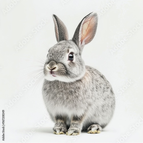 Cute gray rabbit sitting quietly on a white background with attentive express...