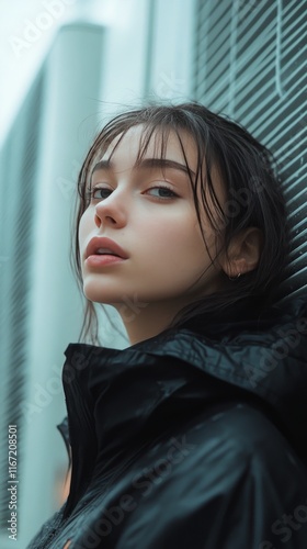 Portrait of a young woman standing by a textured wall on a rainy day in an ur...