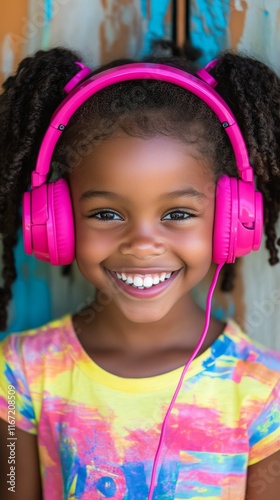 Young girl with pink headphones smiles joyfully against a weathered wooden wall