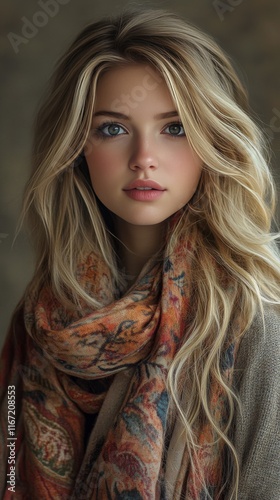 Young woman with long blonde hair and a colorful scarf posed in soft natural ...