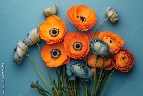 Bright orange and blue flowers arranged beautifully on a teal backdrop
