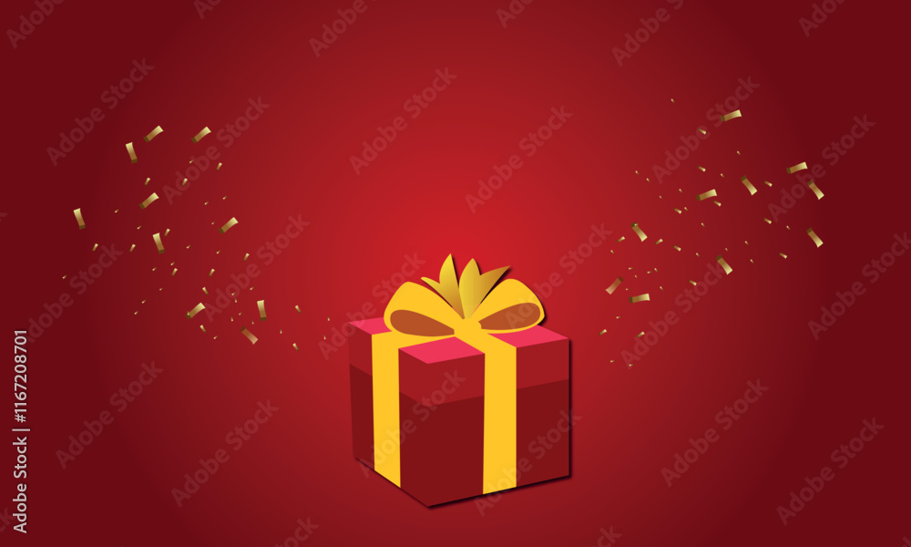 Elegant red background featuring an open gift box with golden ribbons and a floating present, perfect for festive celebrations.