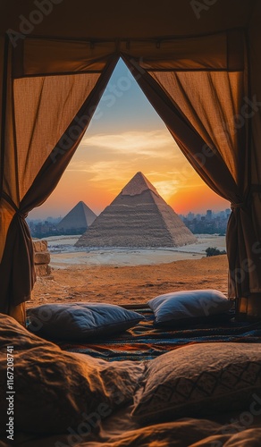 Relaxing view of the pyramids of Egypt at sunset from a cozy tent in the desert