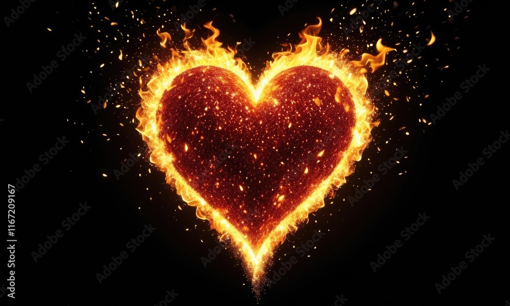Fiery heart: passionate flames and sparkling light against a dark background Fiery heart: passionate flames and sparkling light against a dark background