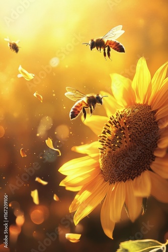 Buzzing bees pollinating a sunflower in warm sunlight during golden hour