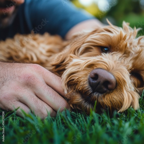 Loving connection between a person and a dog in a green park setting on a sun...
