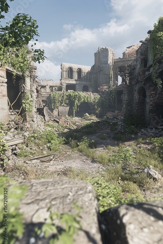 A post-apocalyptic cityscape with overgrown vegetation and remnants of human civilization. Game Locations 